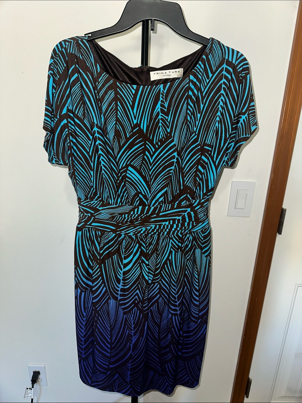 Trina Turk Blue & Black Patterned Short-Sleeve Dress size M